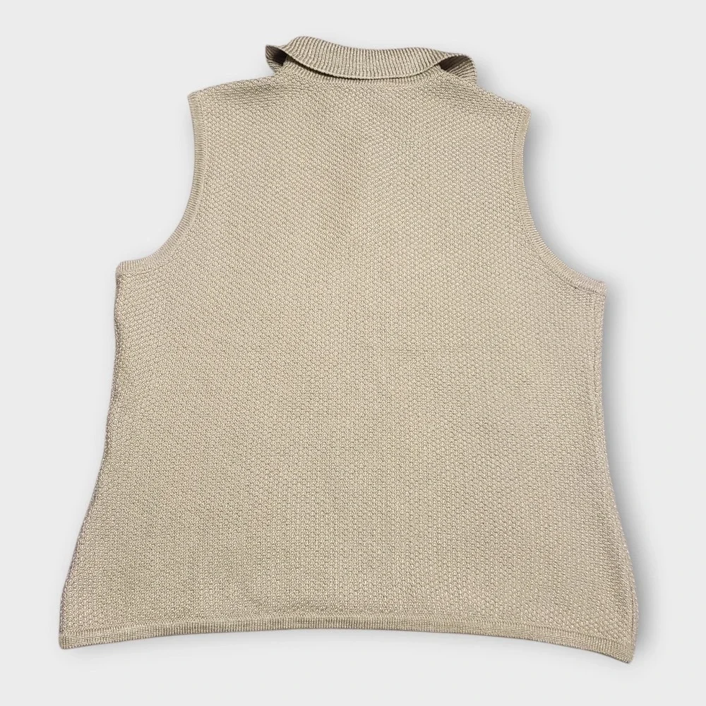 St John Collection Marie Gray Knit Sleeveless Polo Sweater Gold Metallic Size 4